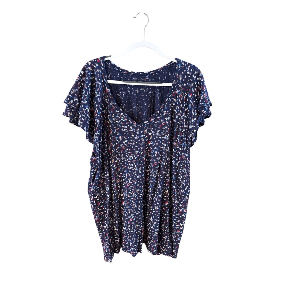 Lane Bryant Navy Blue Floral Ruffle Tiered Sleeve V-Neck Top Plus Size 22/24